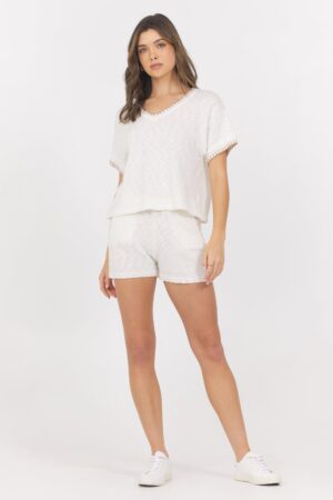 White Summer Sand Short Sleeve Sweater w/ Whipstitch