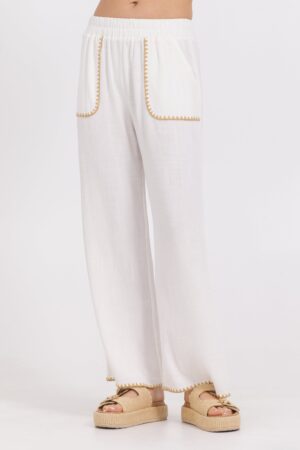White Wide Leg Pant w/ Tan Whip Stitch