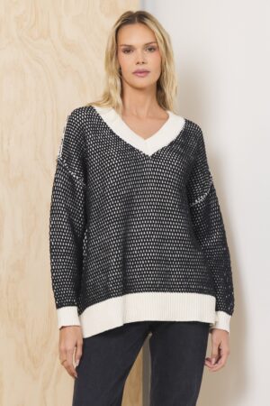 Honeycomb Knit V Neck Sweater