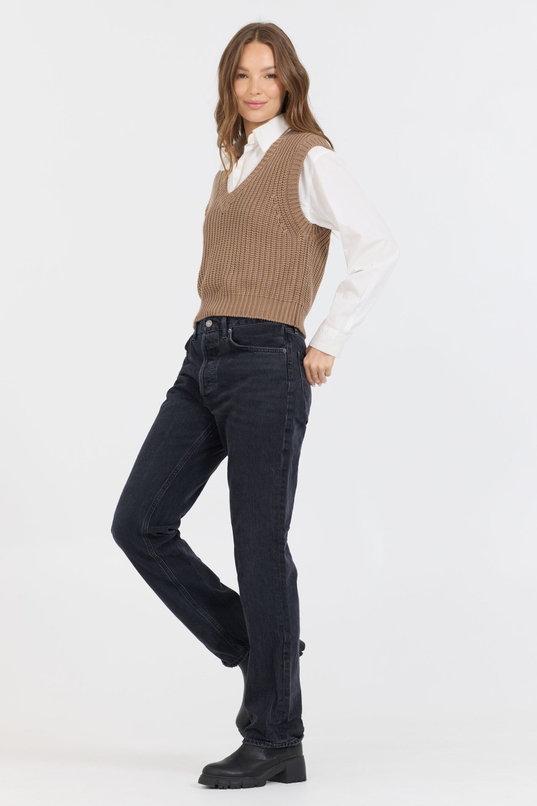 Toffee W/ White Twofer Cropped Sweater Vest - Image 3