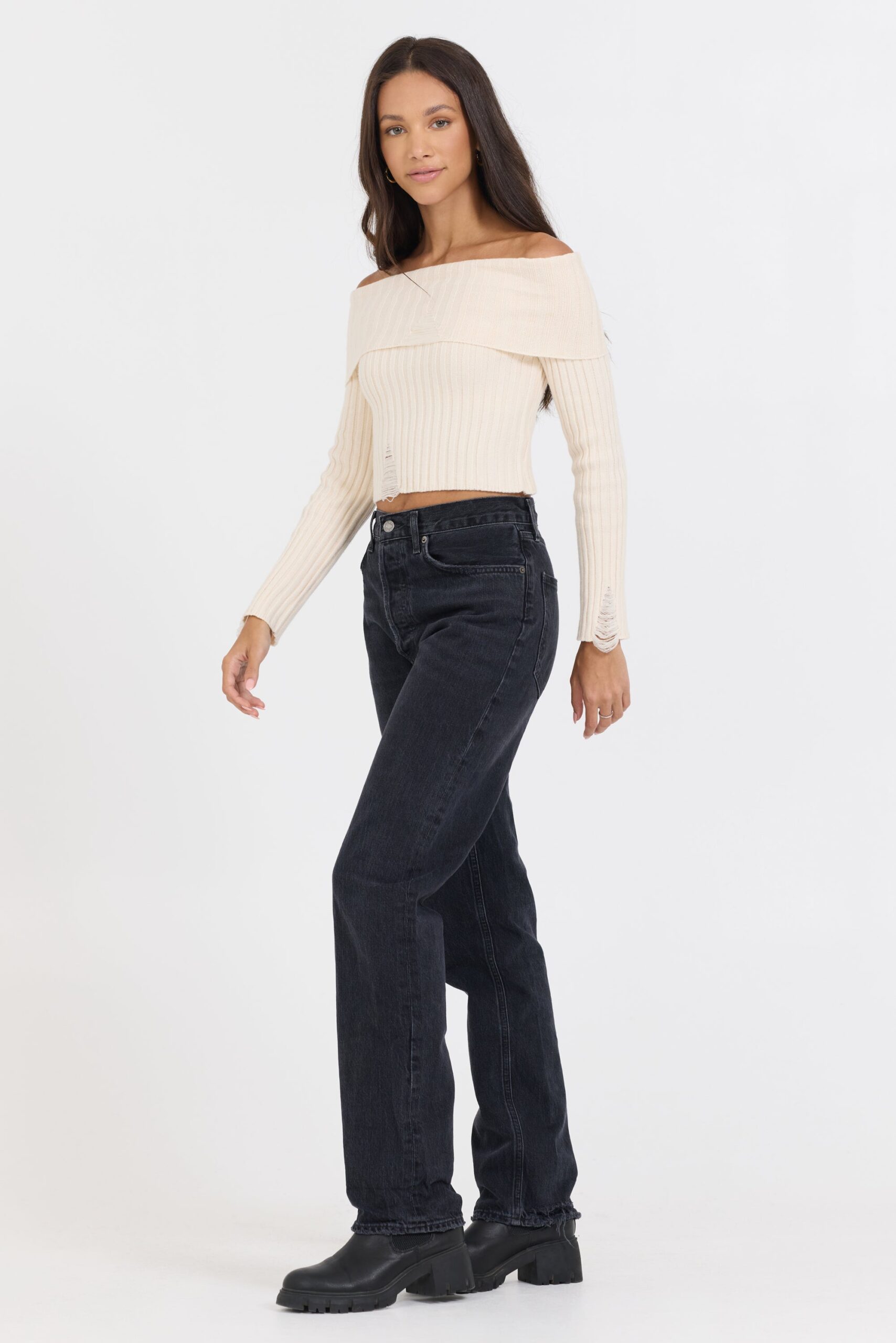 Ivory Distressed Off Shoulder Sweater - Image 3