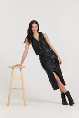 Black Leather Skirt + Vest 2-Piece Set