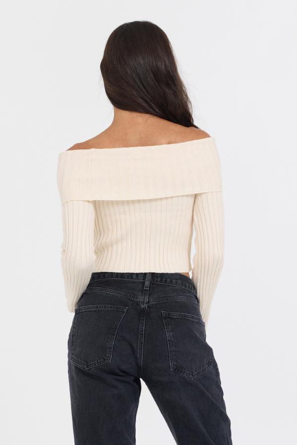Ivory Distressed Off Shoulder Sweater - Image 2