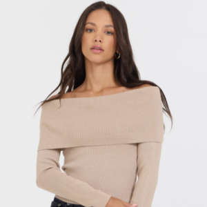 Heather Oatmeal Off Shoulder Sweater